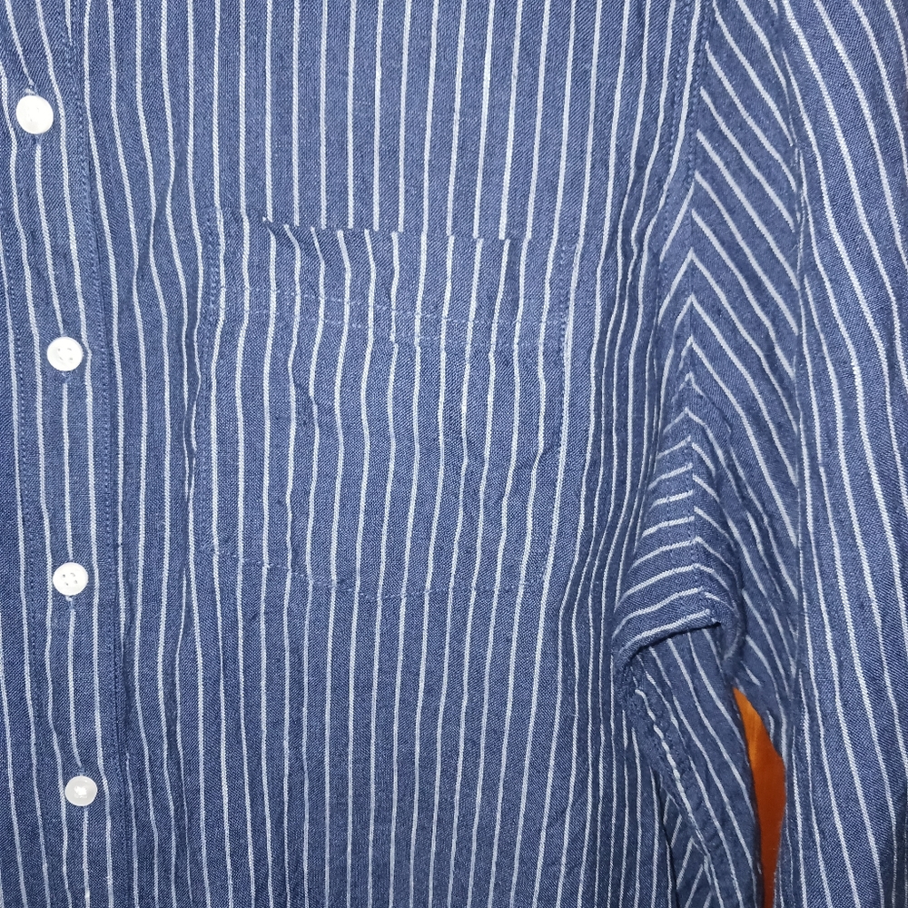 L. L. Bean 100% Linen Button Front Shirt Navy and White Pinstripes 1X EUC - Picture 4 of 9